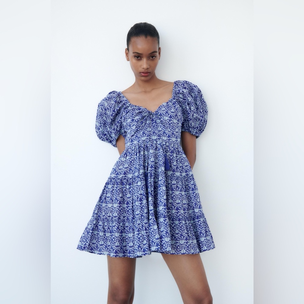 Zara Women Blue Floral A-Line Mini Dress Short Puff Sleeve Tassels Tiered